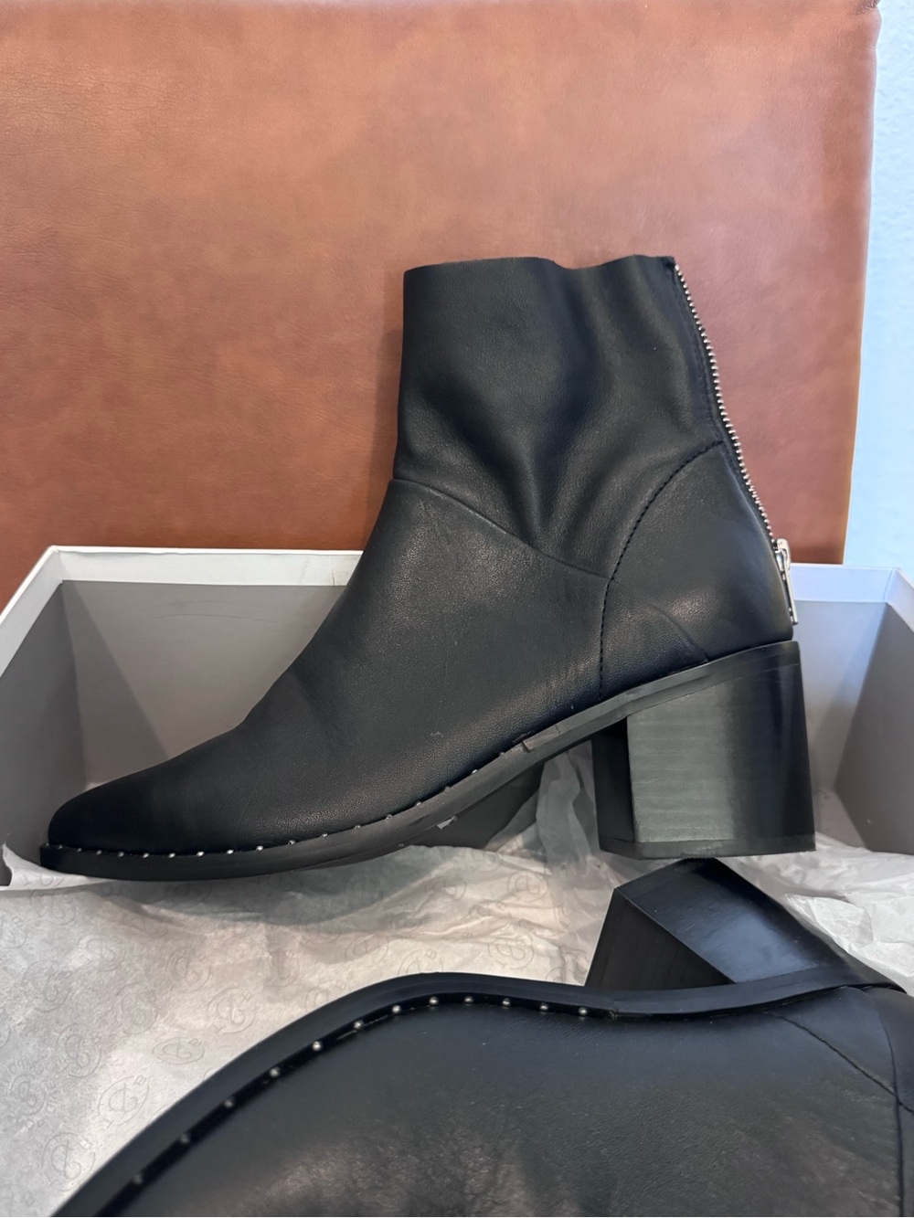 Treasure & Bond Black Leather Block Heel Ankle Boot with Back Zip